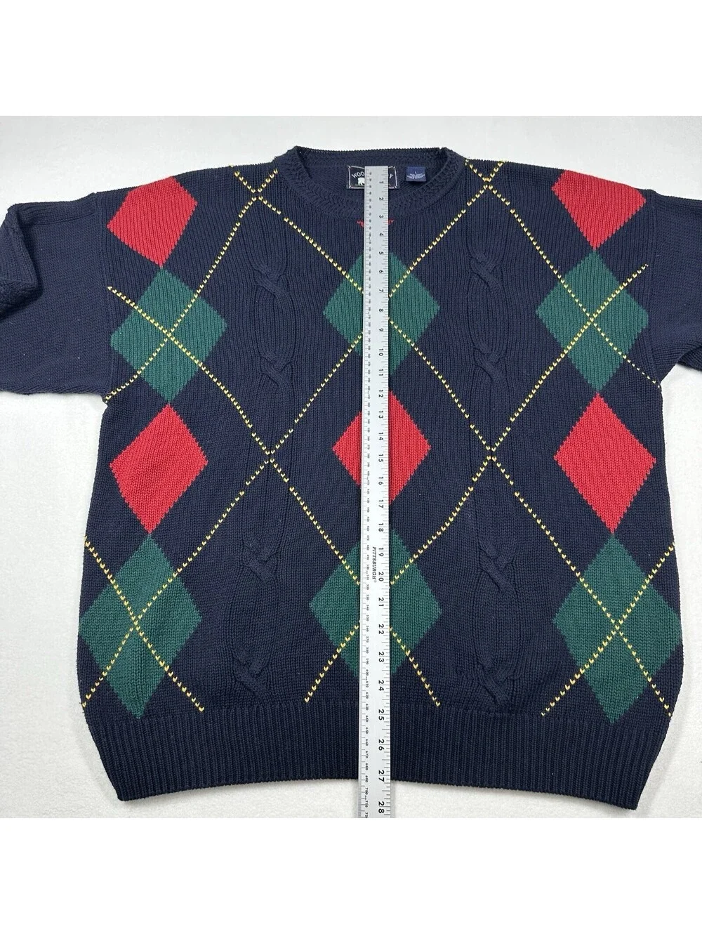 Vintage 90s Woods & Gray Cotton Argyle Cable Knit Sweater Grandpacore Cozy Sz LG